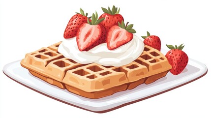 A Delicious Waffle with Strawberries and Whipped Cream