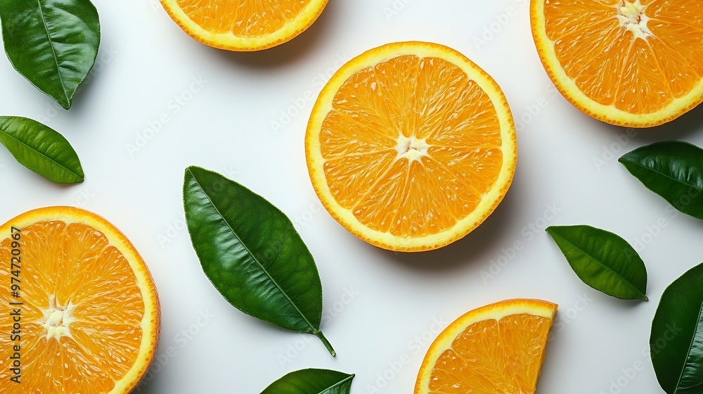Poster orange fruit with orange slices and leaves isolated on white background orange with clipping path : 