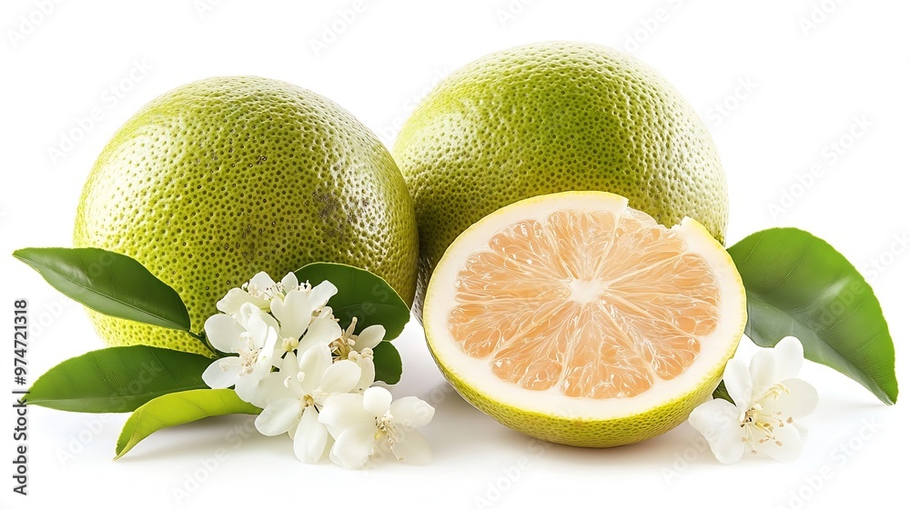 Poster isolated pomelo citrus fruit one whole pomelo and a peeled segment with leaves and flowers isolated 
