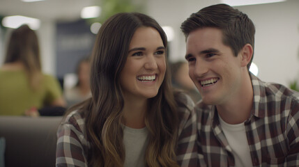 Obraz premium Modern office couple discreetly exchanging smiles during break, capturing subtle workplace romance and connection amidst blurred coworkers.