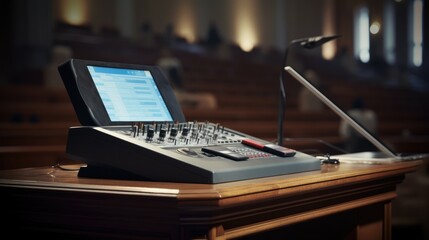A close-up of a soundboard with a microphone and a laptop on a wooden table.