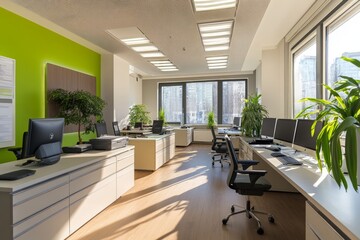 Fototapeta premium Stylish eco conscious office interior design showcasing modern aesthetic and sustainability