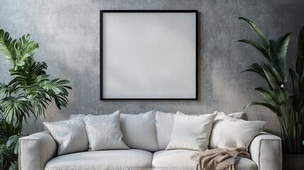 A contemporary living room featuring a stylish white sofa, accented with green indoor plants. The minimalistic decor is complemented by a framed wall art piece.