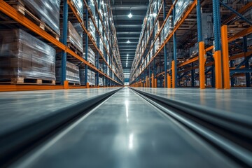 Fototapeta premium Low angle view of contemporary warehouse logistics and distribution center interior without people