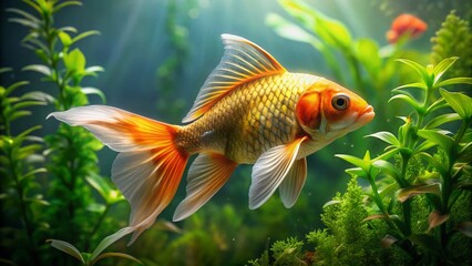 Vibrant orange-gold butterfly koi fish swim amidst lush green water plants, their delicate scales shimmering in the light, creating a serene and peaceful aquatic scene.