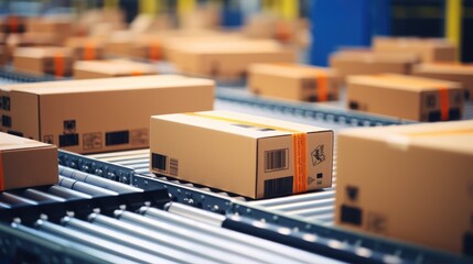 A close-up shot of a conveyor belt carrying cardboard boxes. The boxes are moving along the belt, and the focus is on the box in the foreground.