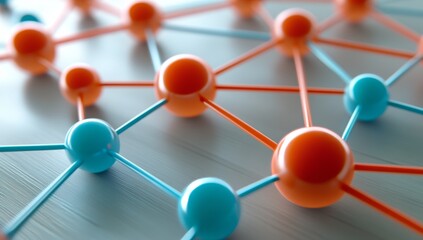 3D Render Of Orange And Blue Network Icons On Wooden Background