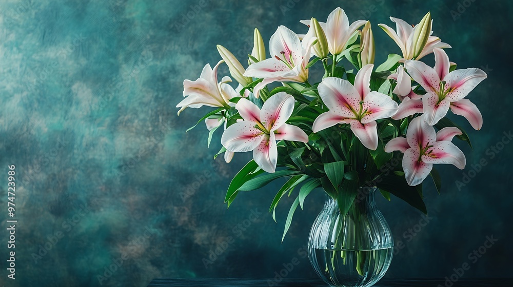 Poster bouquet of lily flowers in vase on dark background : generative ai