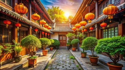 Vibrant orange hues illuminate a serene Chinese courtyard, adorned with traditional lanterns, delicate archways, and lush greenery, exuding warmth and tranquility on a sunny day.