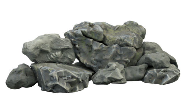 A pile of realistic rocks with varying shapes and textures, suitable for 3D modeling or landscaping.