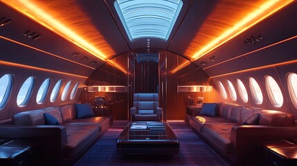 Fototapeta premium Luxurious private jet interior featuring elegant design, comfortable seating, and ambient lighting for elite travel experience.