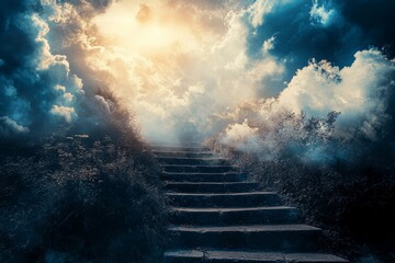 Fototapeta premium Ascend the grand stairway leading up to a heavenly sky, illuminated by radiant light above you.