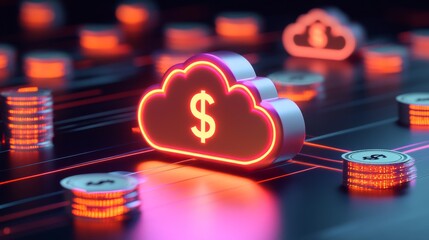 Digital cloud with dollar sign symbol representing financial technology and cloud-based currency transactions in a futuristic setting