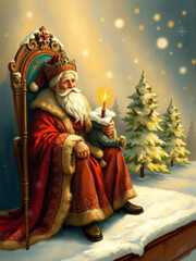 Weihnachtlicher Santa Claus auf einem Thron mit Kerze und Tannenb&auml;umen