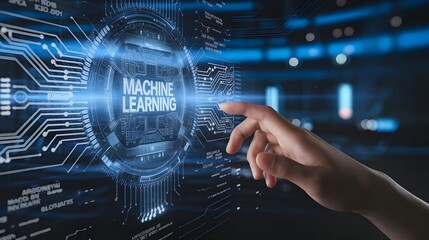 ML, Machine learning virtual touch screen, hand touch machine learning virtual screen, technology concept