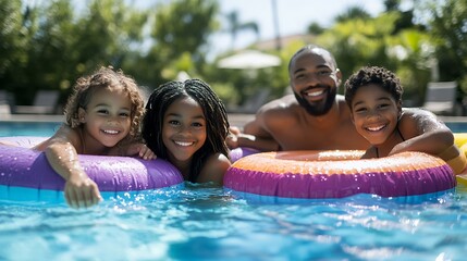 Diverse family enjoys a sunny day at the pool with copy space Theyre relaxing on floaties capturing the essence of summer fun : Generative AI