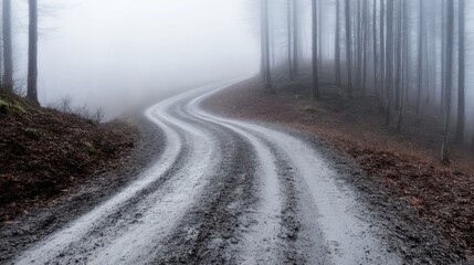 A curving dirt path cuts through a misty forest, with bare trees lining the way, and the ground covered in fallen leaves and wet earth, evoking a sense of nostalgia.