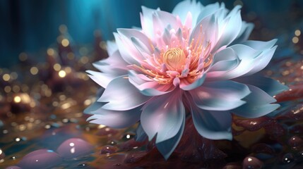 A delicate white flower with pink hues blooms against a backdrop of soft, glowing lights.