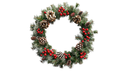 Christmas wreath or garland with red berries, isolated on transparent