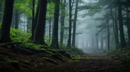 Obraz premium A misty forest path winds through tall trees, sunlight filtering through the canopy to create a magical atmosphere.