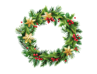 Decorated christmas wreath colorful festive. Winter holiday traditional decoration element hanging on door with candy canes and ornaments isolated on transparent background