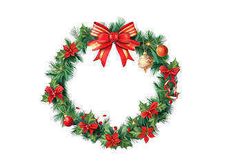 Decorated christmas wreath colorful festive. Winter holiday traditional decoration element hanging on door with candy canes and ornaments isolated on transparent background