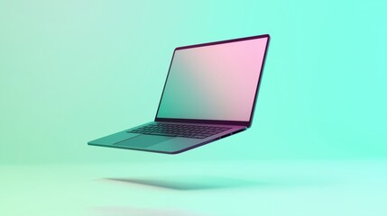 Minimalist design of a floating laptop with a sleek modern green background