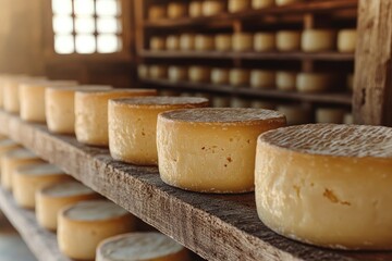 Artisanal cheese aging on wooden shelves, with soft light filtering through a barn window in the background, highlighting the fermentation process