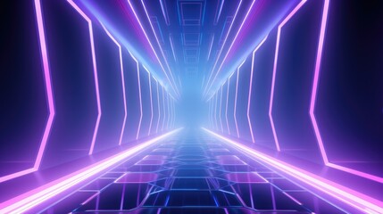 Fototapeta premium A futuristic hallway with glowing neon lights. The walls are made of sleek, geometric shapes and the floor is a reflective surface.