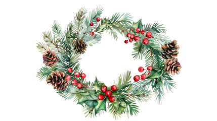 Fototapeta premium Holly leaves, floral wreath chrismas decoration watercolor