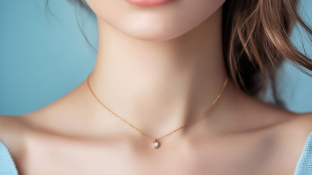 Close-up of a woman&rsquo;s collarbone showcasing fine gold jewelry and a detailed pendant against a pastel blue background on isolated pastel blue.