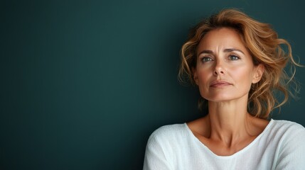 A contemplative woman with flowing auburn locks and a pensive expression, elegantly captures introspection and an effortless style through minimalism.