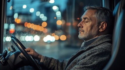 Fototapeta premium truck driver resting sleeping in the car while driving