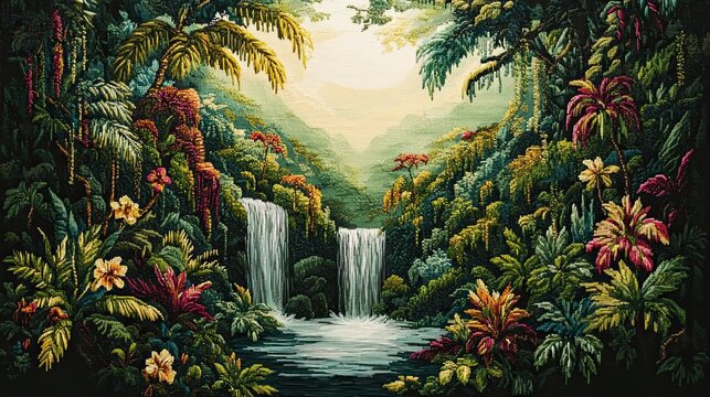 8. A lush rainforest scene with trees, vines, and exotic animals like parrots and monkeys, all made from green, brown, and colorful threads, with a waterfall of flowing white threads in the