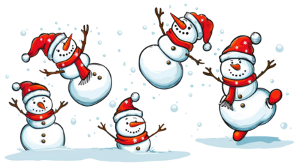 Set of watercolour snowmen isolated on transparent. New year party decor, Christmas decorations