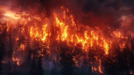 Fototapeta premium Wildfire Engulfing Forest at Twilight