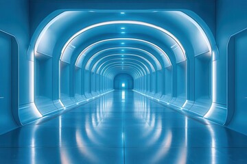 minimalist futuristic interior seamless blue walls with integrated lighting polished reflective floor clean lines and subtle gradients scifi inspired presentation space