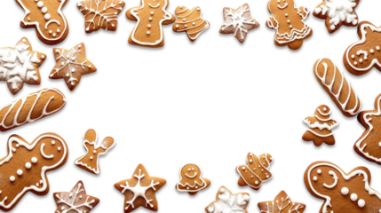 Gingerbread cookies frame. Winter homemade sweets, twigs and berries on transparent background
