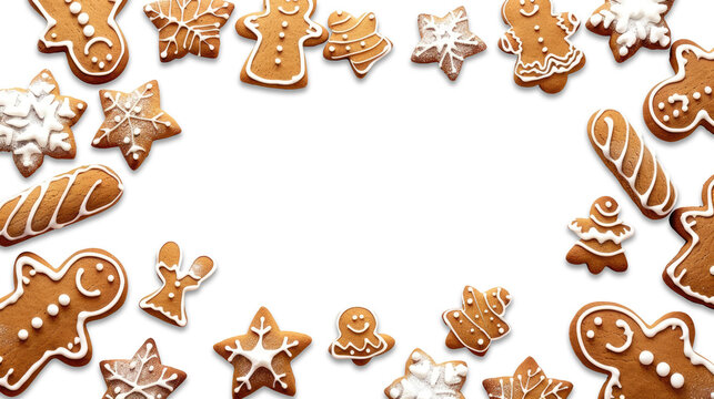 Gingerbread cookies frame. Winter homemade sweets, twigs and berries on transparent background