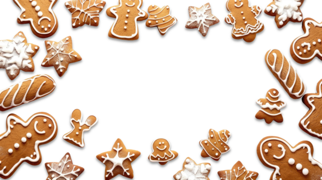 Gingerbread cookies frame. Winter homemade sweets, twigs and berries on transparent background