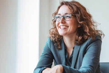An European businesswoman in her 30s, wearing glasses, is happily smiling while sitting in her office in front of a window.