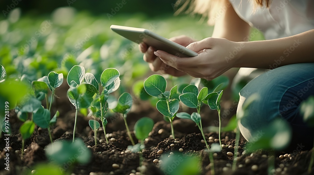 Fototapete smart farming soybean technology female farmer with digital tablet examines and checkins roots of so