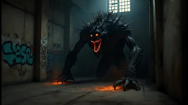 Shadowy creature emerging in an abandoned factory