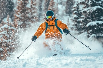 Action packed photo of a man skiing down a snowy mountain in bright orange snow gear outfit