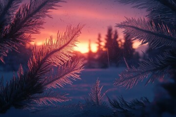 Intricate Ice Formations on a Window Pane at Sunset