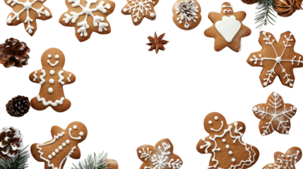 Gingerbread cookies frame. Winter homemade sweets, twigs and berries on transparent background