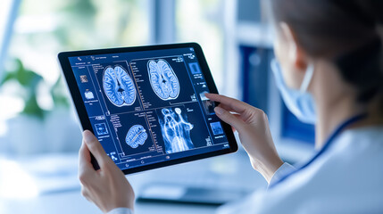 Doctor in a mask reviews detailed brain imaging and X-rays on a tablet, assessing the scans for potential health issues in a clinical environment - Powered by Adobe