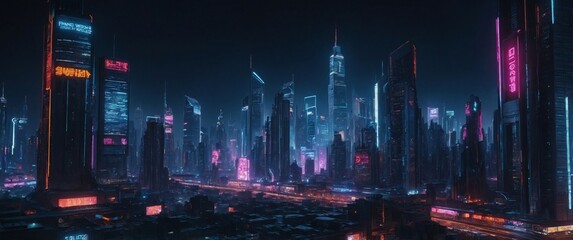 Fototapeta premium Neon Metropolis: A captivating skyline of towering skyscrapers illuminated by vibrant neon lights, painting a futuristic cityscape bathed in a vibrant glow. This image evokes a sense of wonder and pos