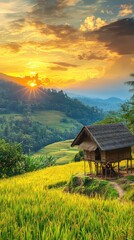 Fototapeta premium Golden Rice Fields Embrace a Bamboo House as the Sun Sets in a Dramatic Sky
