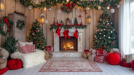 Charming christmas photo spot featuring a cozy fireplace and festive fir decorations